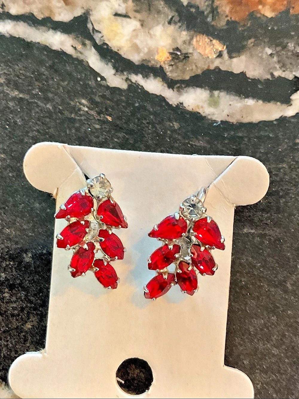 Vintage red rhinestone leaf clip on earrings